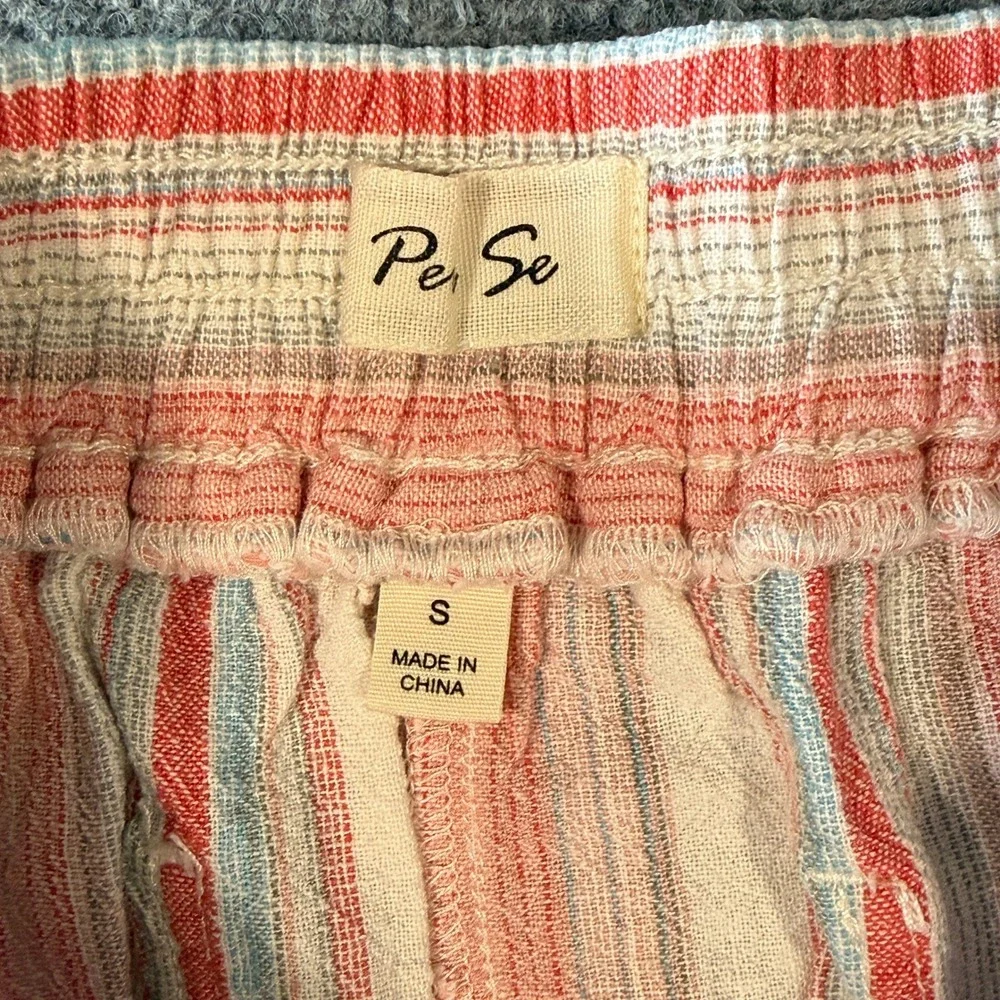 Per Se Linen Blend Striped Shorts Womens‎ Small Coral Blue Cuffed Drawstring